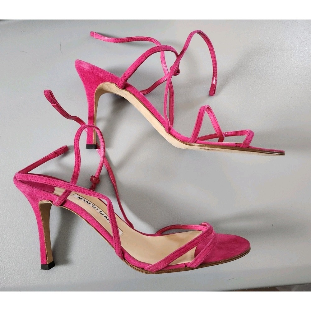 Manolo Blahnik Pink Suede Lace-Up Stiletto Sandals Strappy Wrap Heels Size 38/8 - Picture 3 of 8